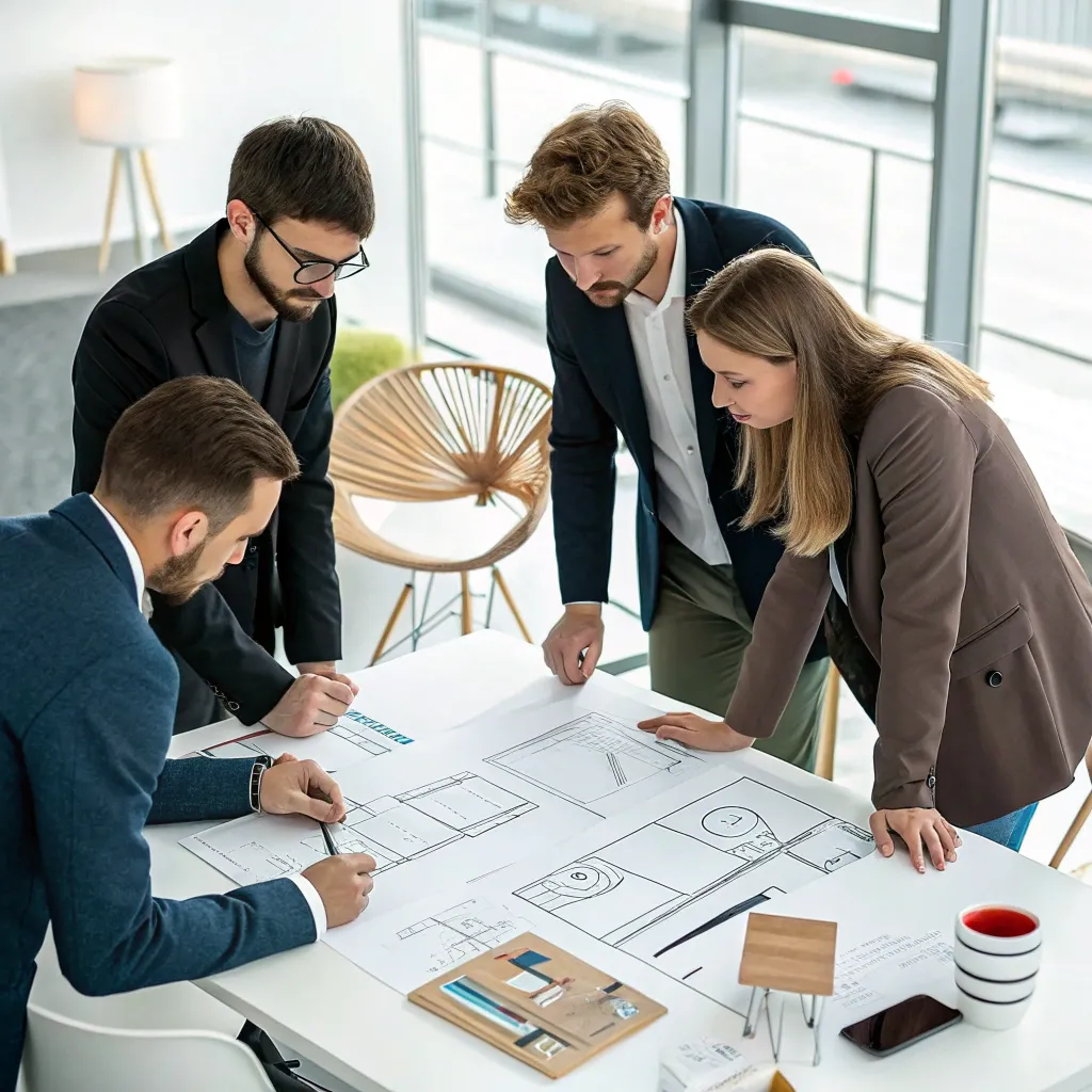 Professional team discussing furniture designs